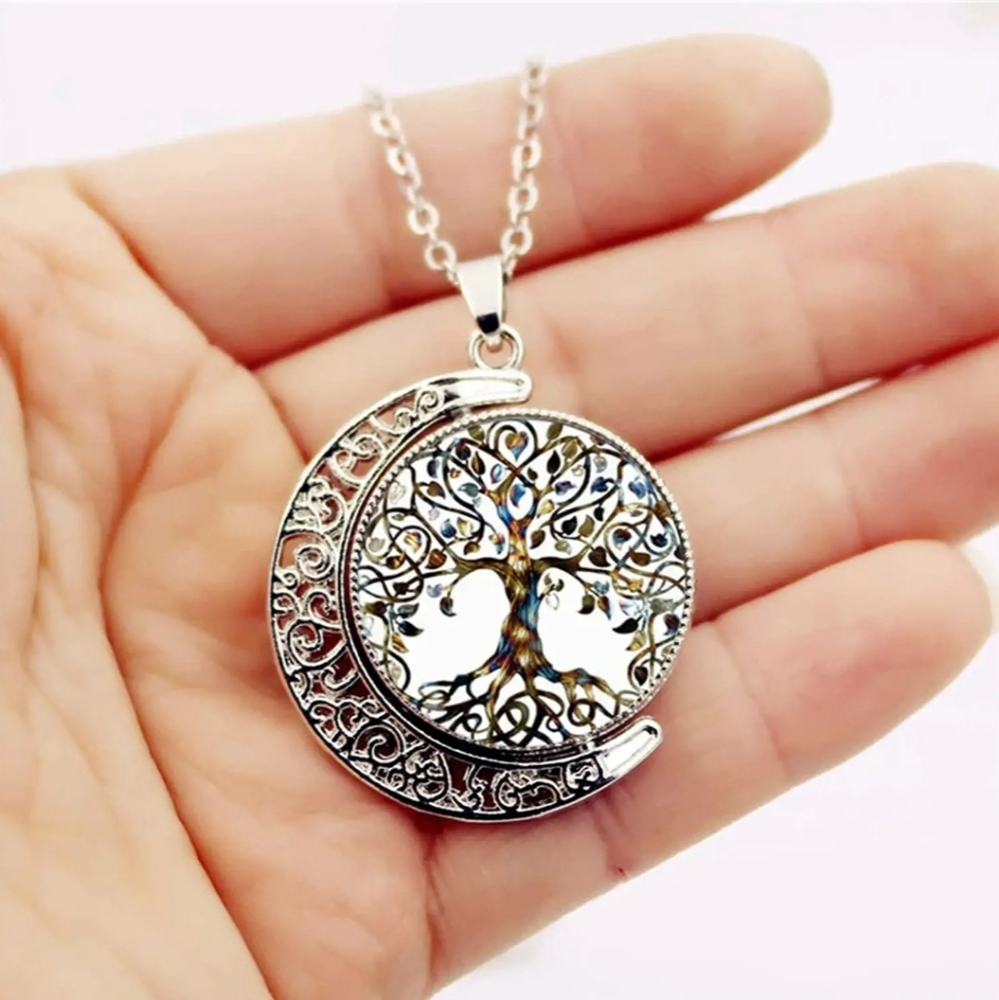 Tree Of Life Necklace Silver Chain Crescent Moon Pendant Jewelry Rotates
